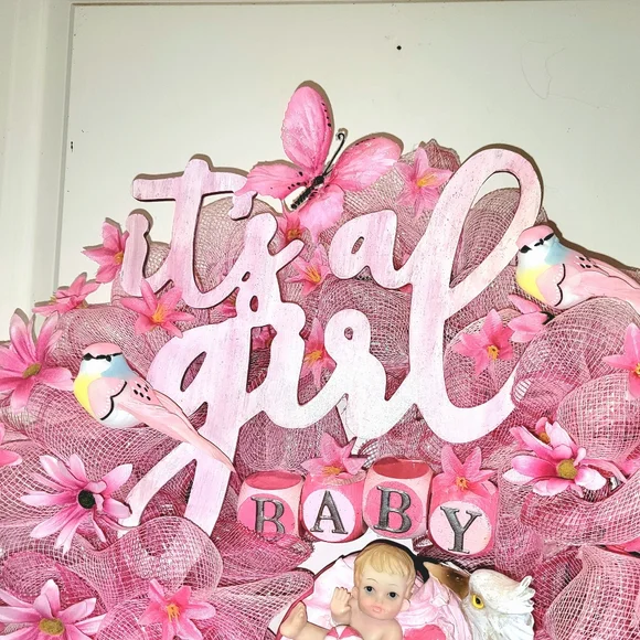 It's a Girl Wreath Deco Mesh Hand Painted Baby Stork Floral - Picture 9 of 13